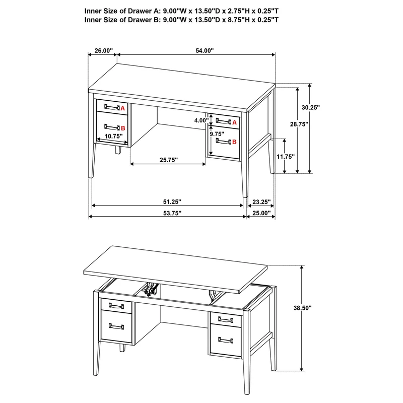 Coaster Furniture Graham 800866 54-inch 4-drawer Double Pedestal Lift Top Computer Desk - Black