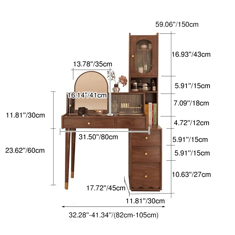 Contemporary Nordic Rectangular Plywood Rubberwood Acrylic Tempered Glass Extendable Makeup Vanity 5-Drawer For Bedroom