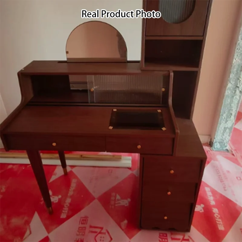 Contemporary Nordic Rectangular Plywood Rubberwood Acrylic Tempered Glass Extendable Makeup Vanity 5-Drawer For Bedroom