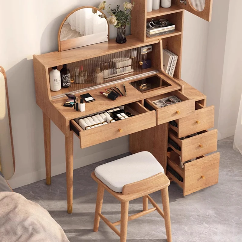 Contemporary Nordic Rectangular Plywood Rubberwood Acrylic Tempered Glass Extendable Makeup Vanity 5-Drawer For Bedroom