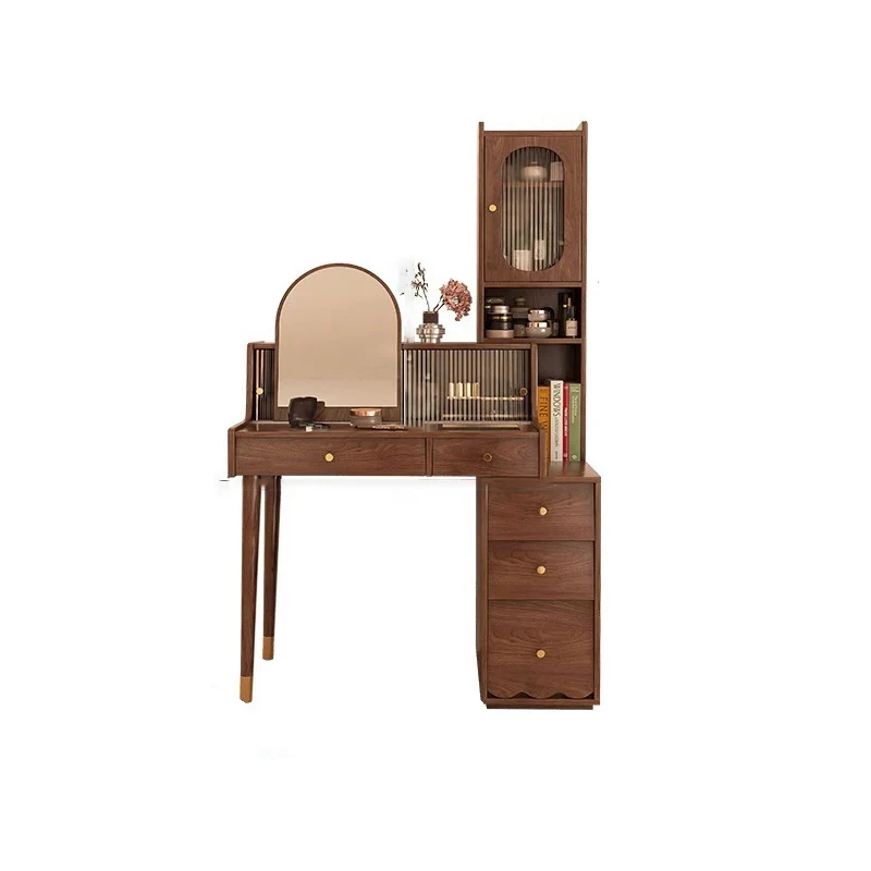 Contemporary Nordic Rectangular Plywood Rubberwood Acrylic Tempered Glass Extendable Makeup Vanity 5-Drawer For Bedroom