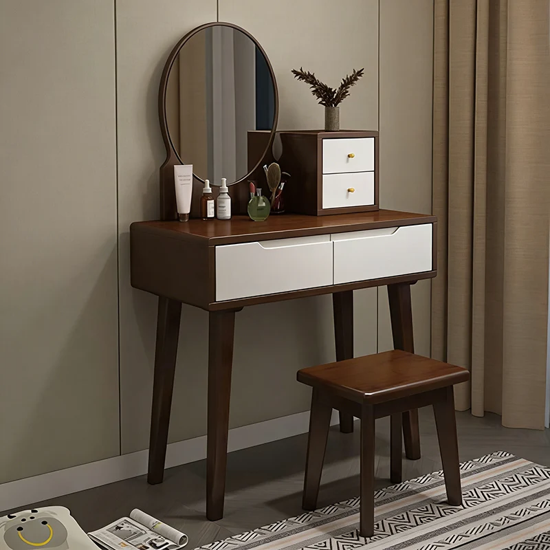 Contemporary Nordic Rectangular Oval Rubberwood Solid Wood Plywood Pine Glass Makeup Vanity 1/4 Drawer For Bedroom