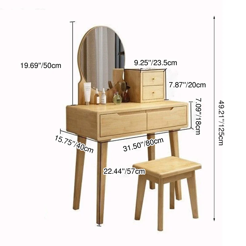 Contemporary Nordic Rectangular Oval Rubberwood Solid Wood Plywood Pine Glass Makeup Vanity 1/4 Drawer For Bedroom
