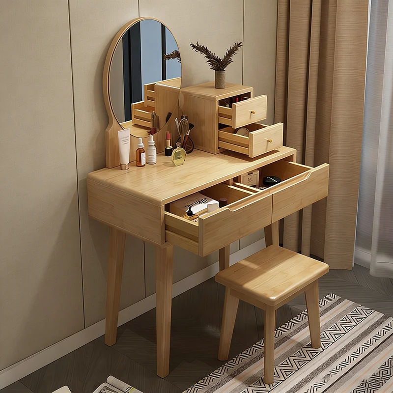 Contemporary Nordic Rectangular Oval Rubberwood Solid Wood Plywood Pine Glass Makeup Vanity 1/4 Drawer For Bedroom