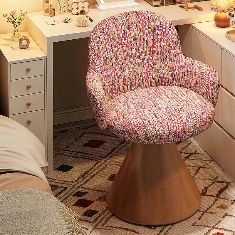 Contemporary Nordic Conical Curved Cotton-Linen Printed Velvet Carbon Steel Rotating Vanity Stool Backrest Armless For Bedroom