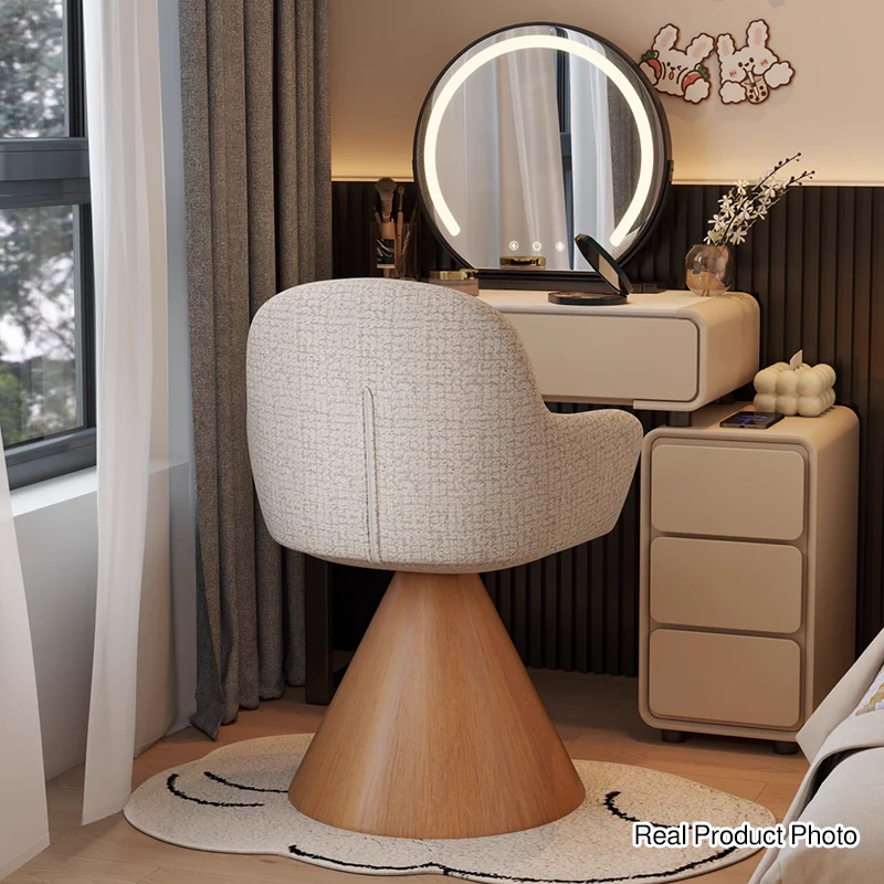 Contemporary Nordic Conical Curved Cotton-Linen Printed Velvet Carbon Steel Rotating Vanity Stool Backrest Armless For Bedroom