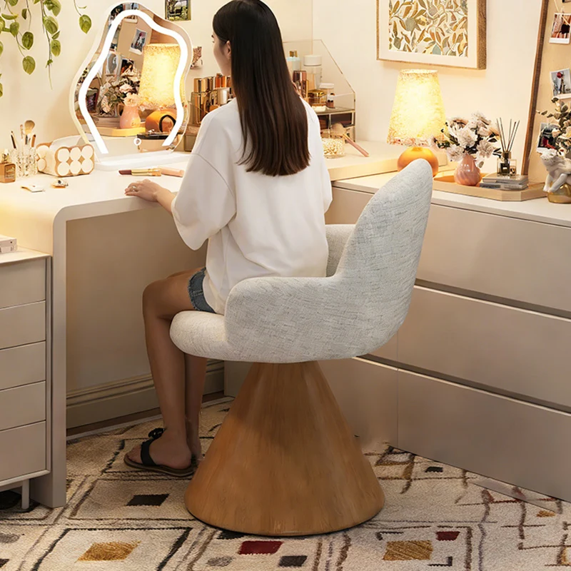Contemporary Nordic Conical Curved Cotton-Linen Printed Velvet Carbon Steel Rotating Vanity Stool Backrest Armless For Bedroom