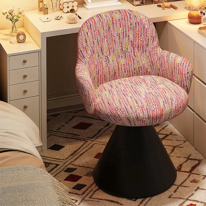 Contemporary Nordic Conical Curved Cotton-Linen Printed Velvet Carbon Steel Rotating Vanity Stool Backrest Armless For Bedroom