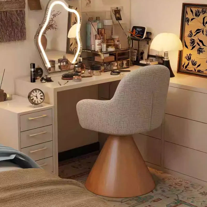 Contemporary Nordic Conical Curved Cotton-Linen Printed Velvet Carbon Steel Rotating Vanity Stool Backrest Armless For Bedroom
