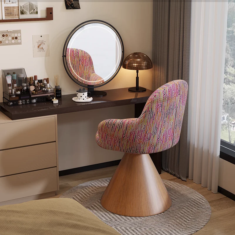 Contemporary Nordic Conical Curved Cotton-Linen Printed Velvet Carbon Steel Rotating Vanity Stool Backrest Armless For Bedroom