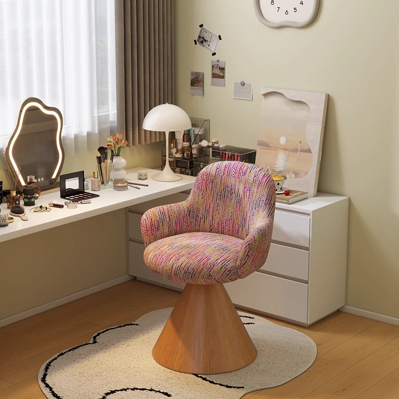 Contemporary Nordic Conical Curved Cotton-Linen Printed Velvet Carbon Steel Rotating Vanity Stool Backrest Armless For Bedroom