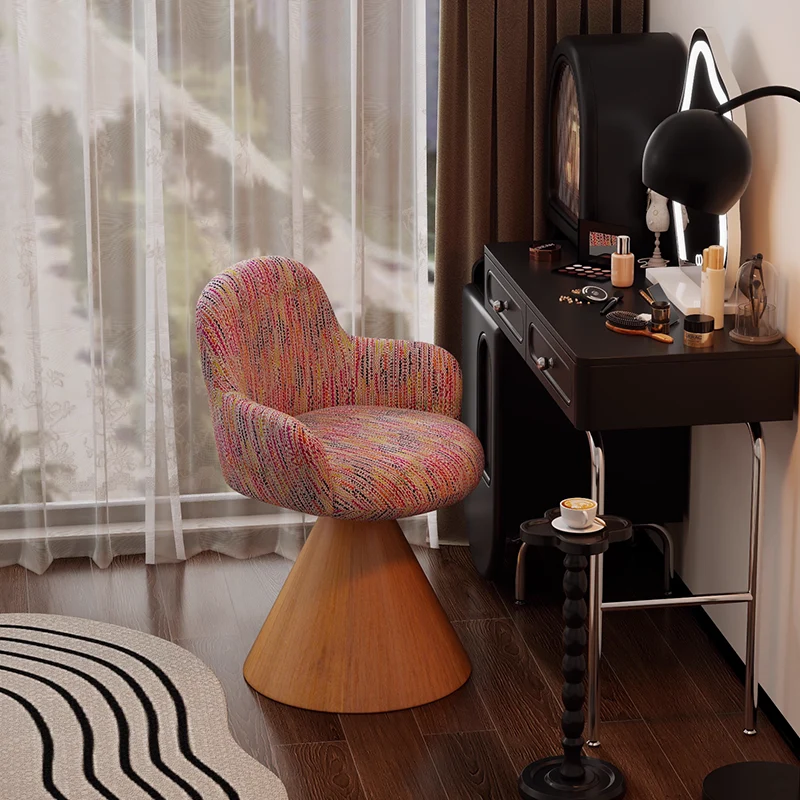 Contemporary Nordic Conical Curved Cotton-Linen Printed Velvet Carbon Steel Rotating Vanity Stool Backrest Armless For Bedroom
