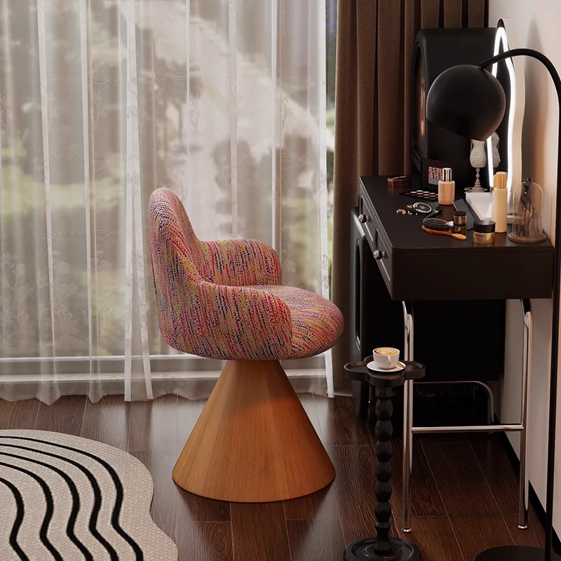 Contemporary Nordic Conical Curved Cotton-Linen Printed Velvet Carbon Steel Rotating Vanity Stool Backrest Armless For Bedroom