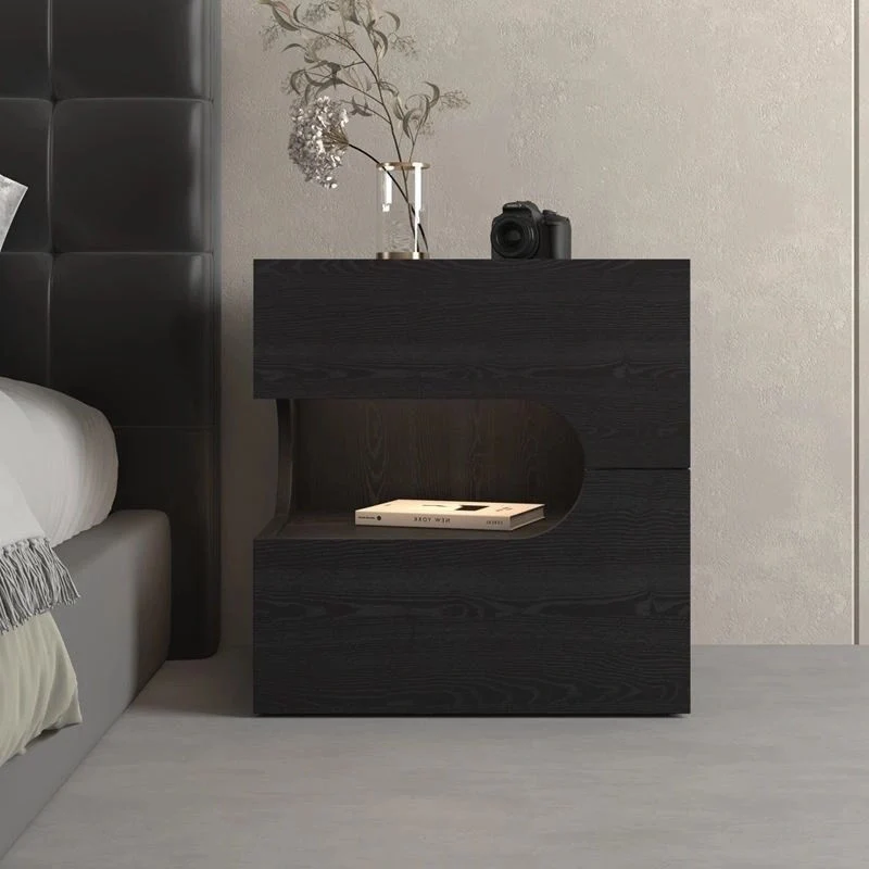 Modern Minimalist Square Plywood Nightstand 2-Drawer For Bedroom