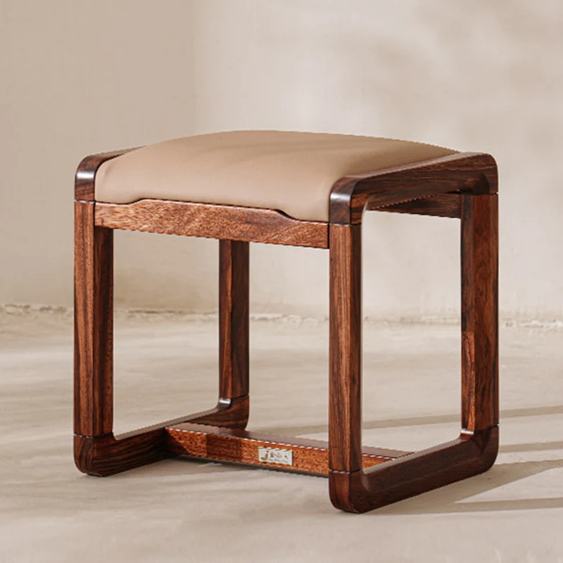 Modern Minimalist Solid Wood Vanity Stool With Faux Leather Cushion For Bedroom & Dressing Area