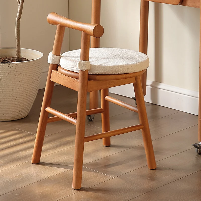 Traditional French Round Solid Rubberwood Sherpa Fabric Elegant Vanity Stool Backrest Armless For Bedroom
