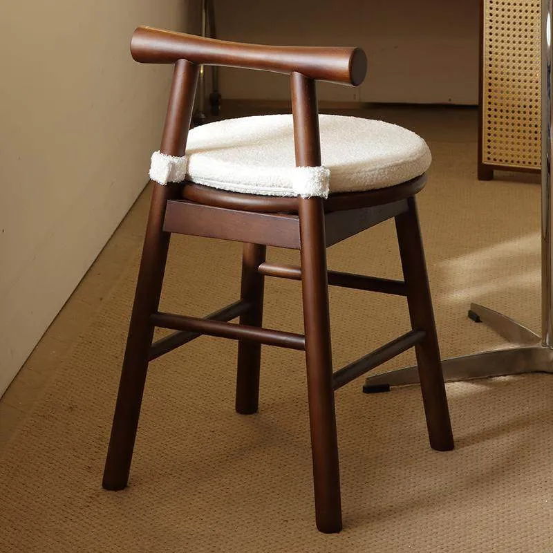 Traditional French Round Solid Rubberwood Sherpa Fabric Elegant Vanity Stool Backrest Armless For Bedroom