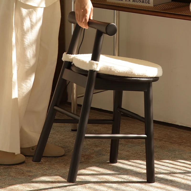 Traditional French Round Solid Rubberwood Sherpa Fabric Elegant Vanity Stool Backrest Armless For Bedroom