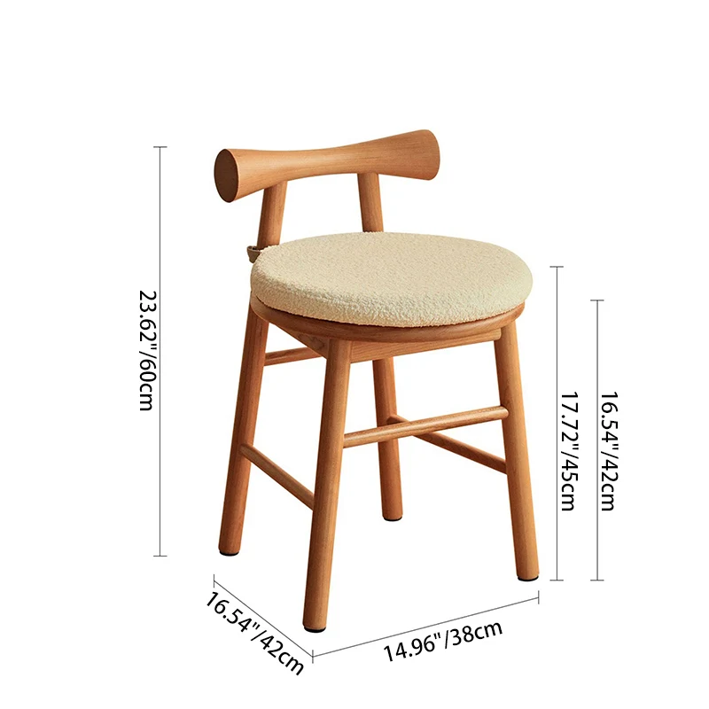 Traditional French Round Solid Rubberwood Sherpa Fabric Elegant Vanity Stool Backrest Armless For Bedroom