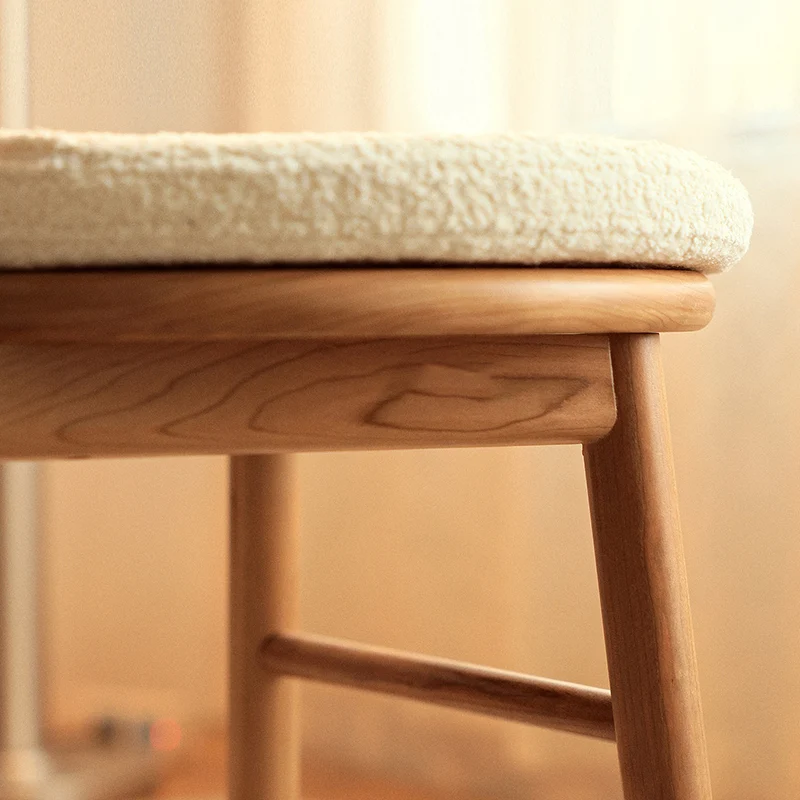 Traditional French Round Solid Rubberwood Sherpa Fabric Elegant Vanity Stool Backrest Armless For Bedroom