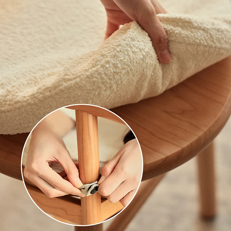 Traditional French Round Solid Rubberwood Sherpa Fabric Elegant Vanity Stool Backrest Armless For Bedroom