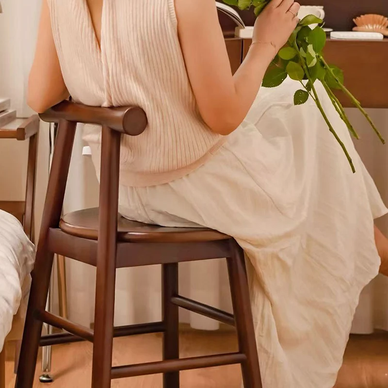 Traditional French Round Solid Rubberwood Sherpa Fabric Elegant Vanity Stool Backrest Armless For Bedroom