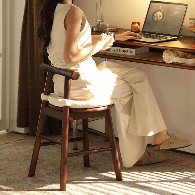 Traditional French Round Solid Rubberwood Sherpa Fabric Elegant Vanity Stool Backrest Armless For Bedroom