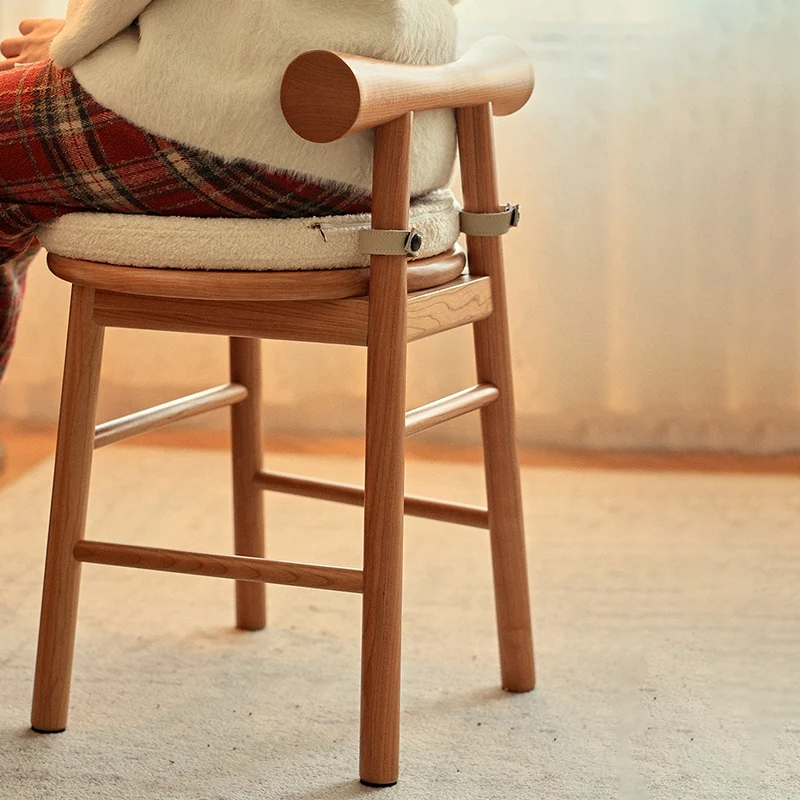 Traditional French Round Solid Rubberwood Sherpa Fabric Elegant Vanity Stool Backrest Armless For Bedroom