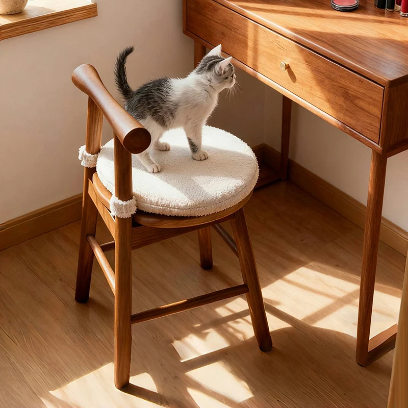 Traditional French Round Solid Rubberwood Sherpa Fabric Elegant Vanity Stool Backrest Armless For Bedroom