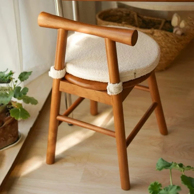Traditional French Round Solid Rubberwood Sherpa Fabric Elegant Vanity Stool Backrest Armless For Bedroom