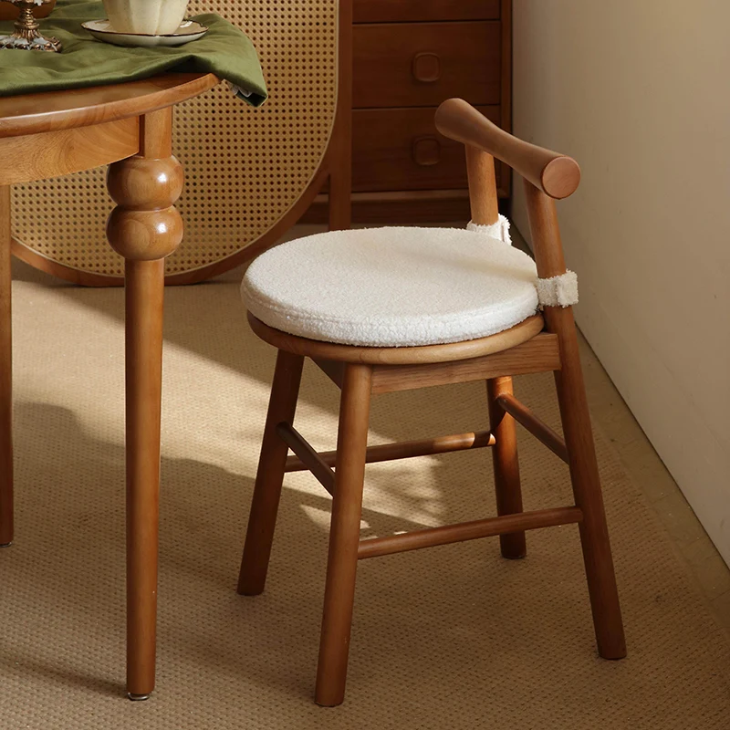 Traditional French Round Solid Rubberwood Sherpa Fabric Elegant Vanity Stool Backrest Armless For Bedroom