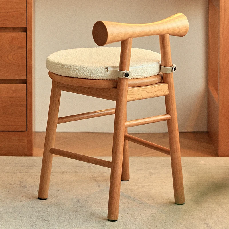 Traditional French Round Solid Rubberwood Sherpa Fabric Elegant Vanity Stool Backrest Armless For Bedroom
