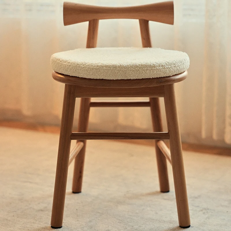 Traditional French Round Solid Rubberwood Sherpa Fabric Elegant Vanity Stool Backrest Armless For Bedroom