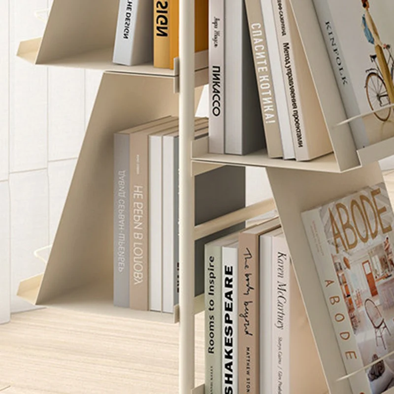 Contemporary Industrial Floor Tree Shape Carbon Steel Rotatable Space-Saving Bookshelf 4-Tier Storage For Living Room & Study