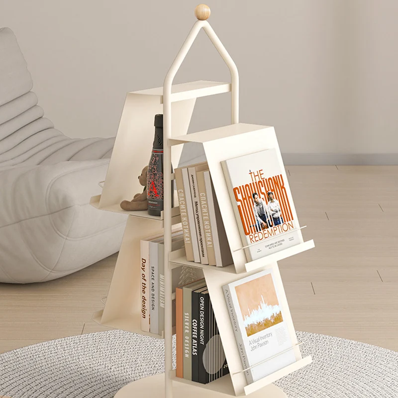 Contemporary Industrial Floor Tree Shape Carbon Steel Rotatable Space-Saving Bookshelf 4-Tier Storage For Living Room & Study