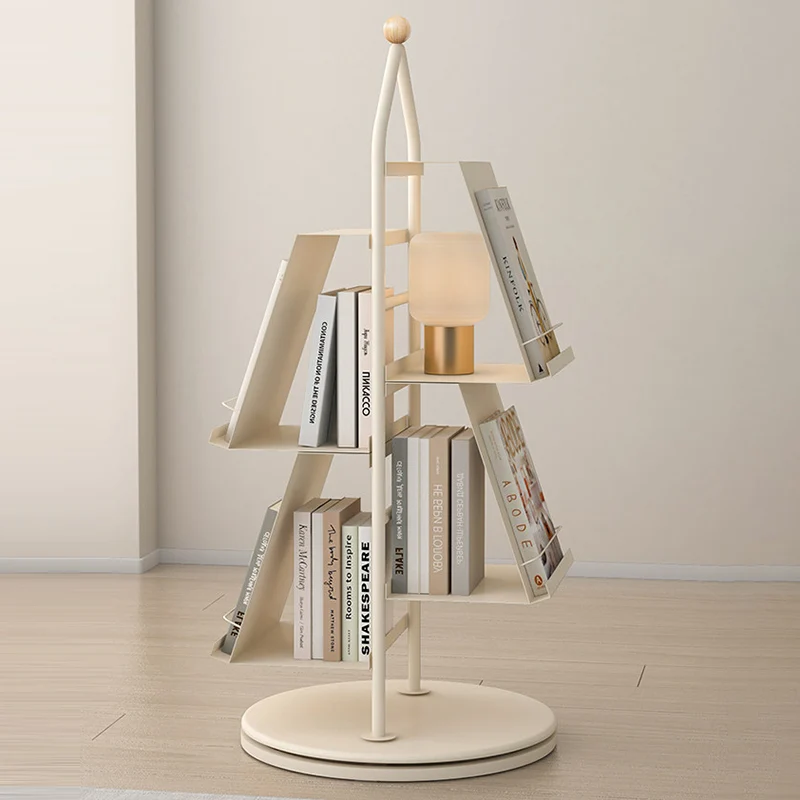 Contemporary Industrial Floor Tree Shape Carbon Steel Rotatable Space-Saving Bookshelf 4-Tier Storage For Living Room & Study