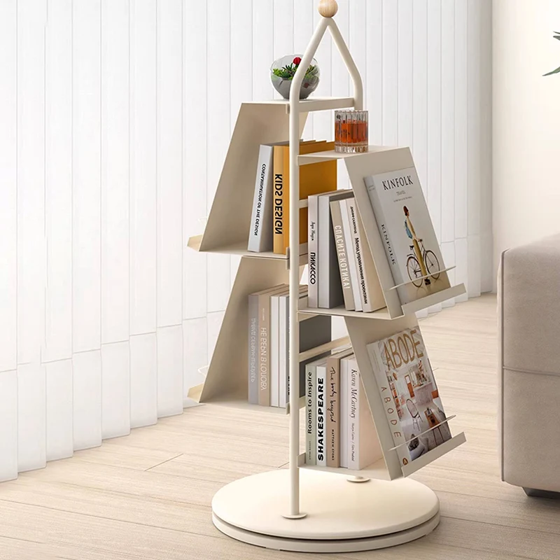 Contemporary Industrial Floor Tree Shape Carbon Steel Rotatable Space-Saving Bookshelf 4-Tier Storage For Living Room & Study