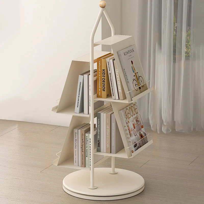 Contemporary Industrial Floor Tree Shape Carbon Steel Rotatable Space-Saving Bookshelf 4-Tier Storage For Living Room & Study