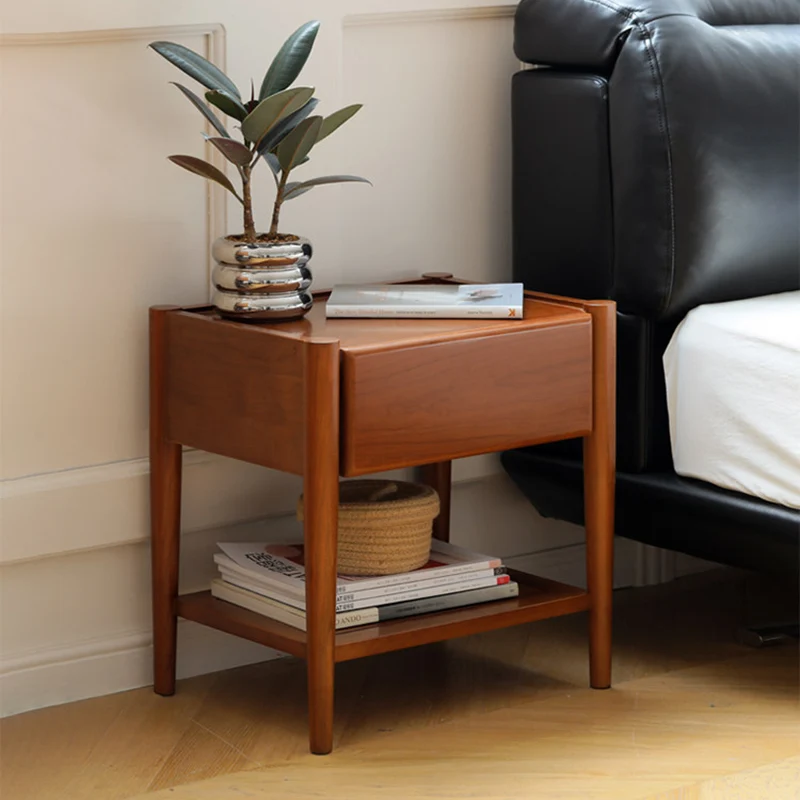 Modern Mid-Century Cherry Wood Paulownia Wood Metal Rectangular Nightstand 1-Drawer For Bedroom
