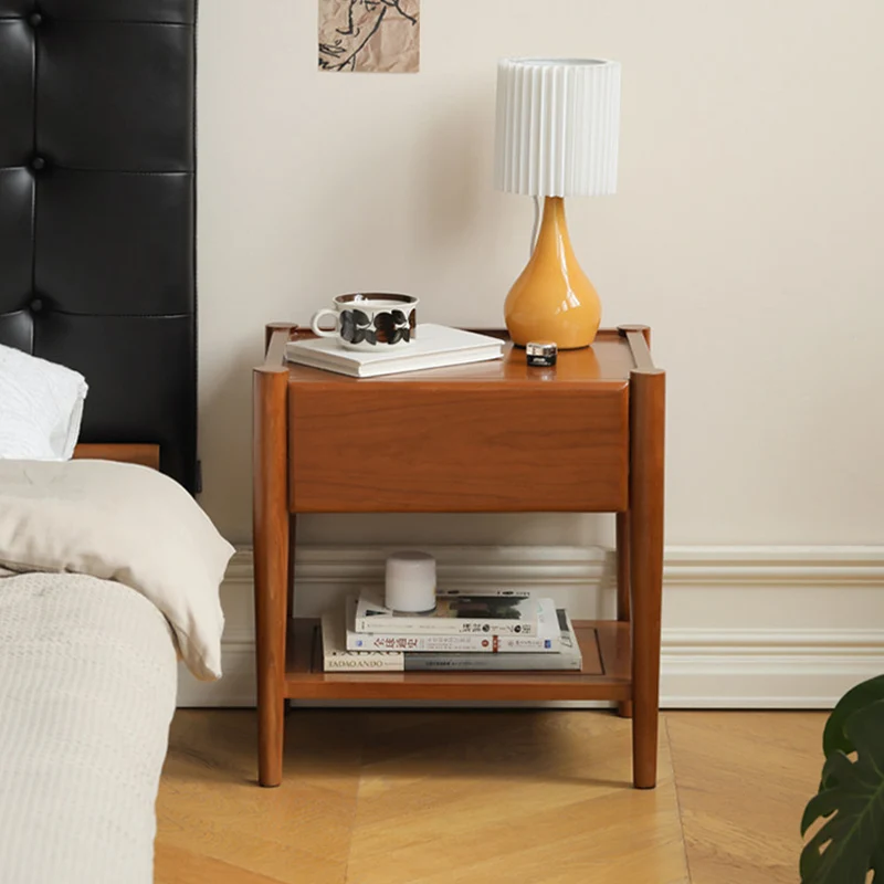 Modern Mid-Century Cherry Wood Paulownia Wood Metal Rectangular Nightstand 1-Drawer For Bedroom