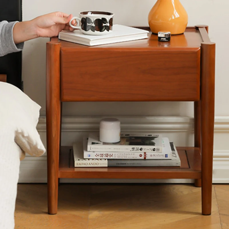 Modern Mid-Century Cherry Wood Paulownia Wood Metal Rectangular Nightstand 1-Drawer For Bedroom