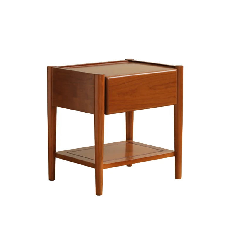 Modern Mid-Century Cherry Wood Paulownia Wood Metal Rectangular Nightstand 1-Drawer For Bedroom
