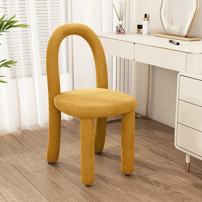 Contemporary Nordic Rounded Arc Sherpa Fabric & Brushed Flannel Iron Vanity Stool Backrest Armless For Bedroom