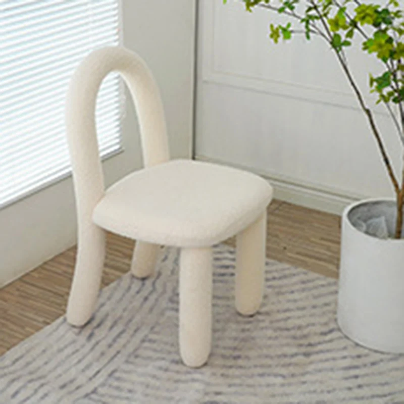 Contemporary Nordic Rounded Arc Sherpa Fabric & Brushed Flannel Iron Vanity Stool Backrest Armless For Bedroom