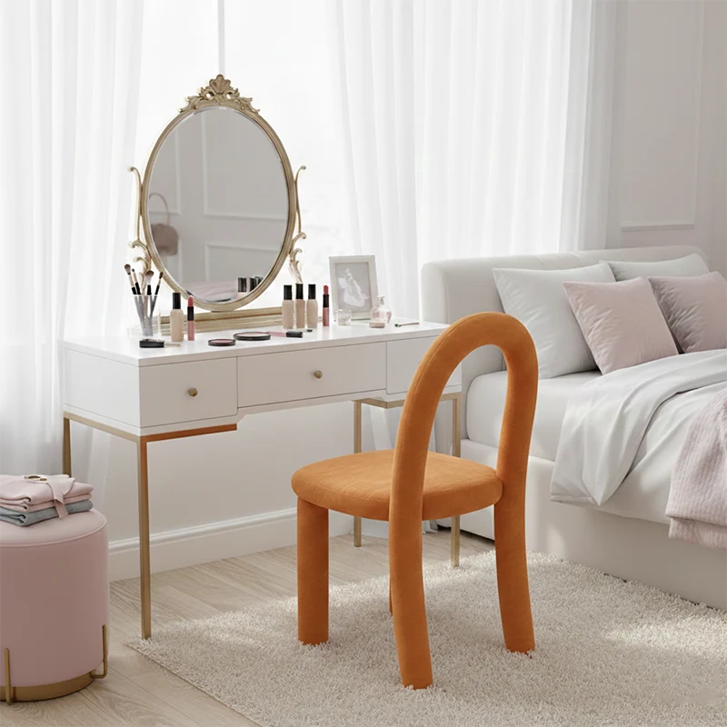 Contemporary Nordic Rounded Arc Sherpa Fabric & Brushed Flannel Iron Vanity Stool Backrest Armless For Bedroom