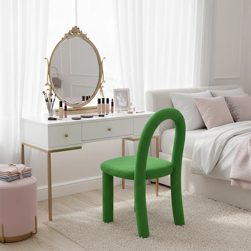Contemporary Nordic Rounded Arc Sherpa Fabric & Brushed Flannel Iron Vanity Stool Backrest Armless For Bedroom