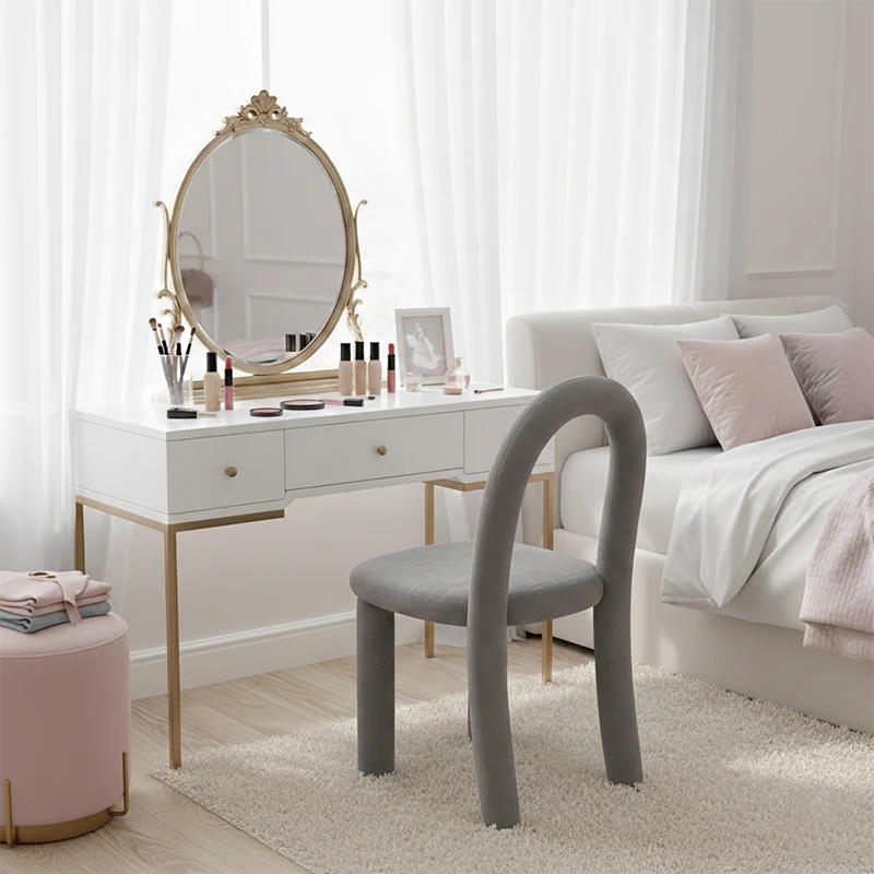 Contemporary Nordic Rounded Arc Sherpa Fabric & Brushed Flannel Iron Vanity Stool Backrest Armless For Bedroom