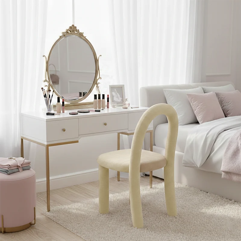 Contemporary Nordic Rounded Arc Sherpa Fabric & Brushed Flannel Iron Vanity Stool Backrest Armless For Bedroom