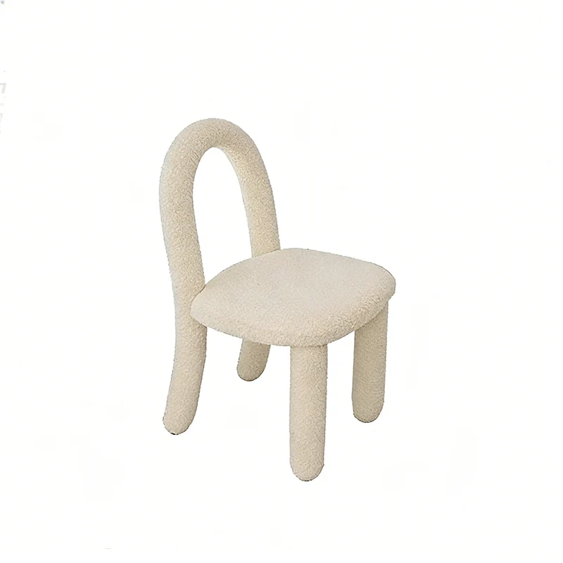 Contemporary Nordic Rounded Arc Sherpa Fabric & Brushed Flannel Iron Vanity Stool Backrest Armless For Bedroom
