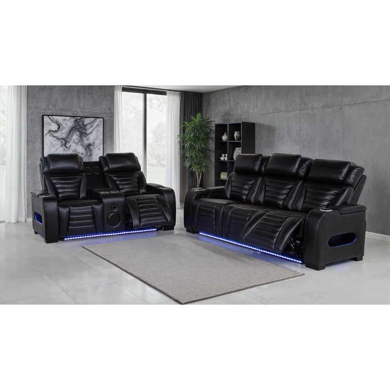 Coaster Furniture Zuma 603251PP Faux Leather Dual Power Reclining LED Sofa - Black